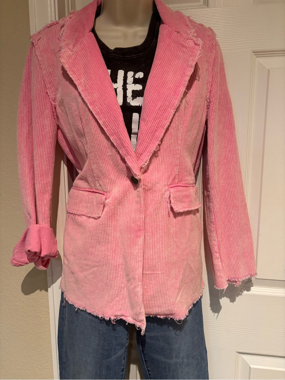 POL brand Distressed Perfect Pink Distressed Seams Corduroy Single-Button Blazer